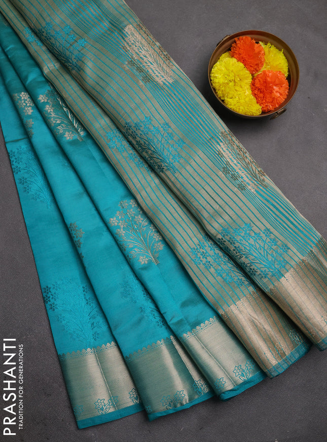 Semi raw silk saree teal green with allover thread & zari woven buttas and zari woven border