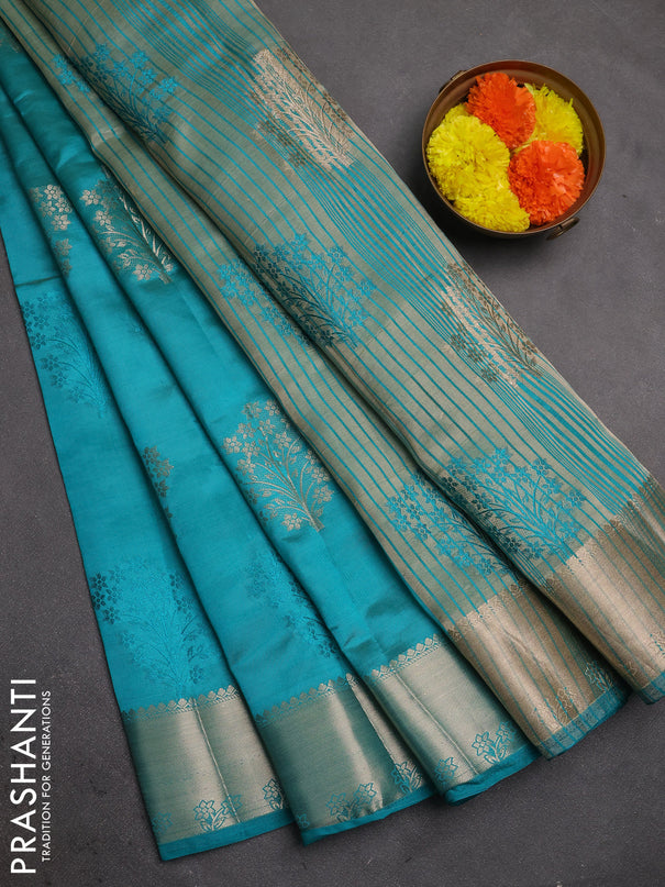 Semi raw silk saree teal green with allover thread & zari woven buttas and zari woven border