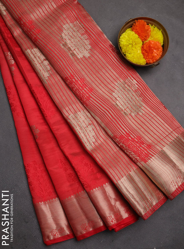 Semi raw silk saree red with allover thread & zari woven buttas and zari woven border