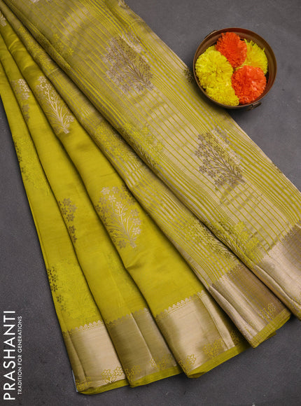 Semi raw silk saree lime green with allover thread & zari woven buttas and zari woven border
