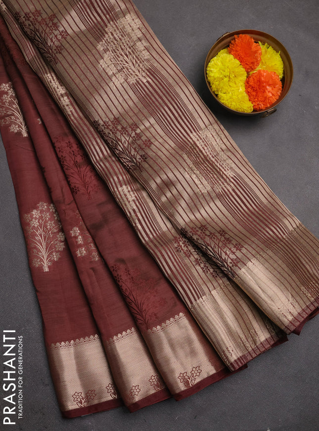 Semi raw silk saree coffee brown with allover thread & zari woven buttas and zari woven border