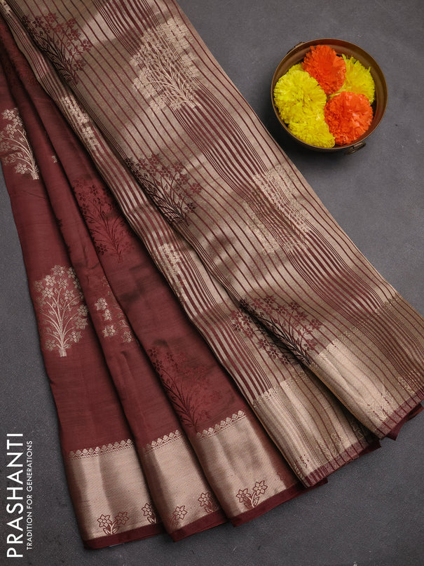 Semi raw silk saree coffee brown with allover thread & zari woven buttas and zari woven border