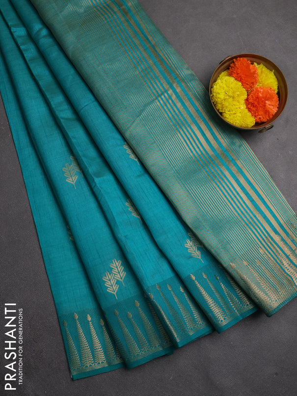 Semi raw silk saree teal green with allover thread & zari woven buttas and zari woven border