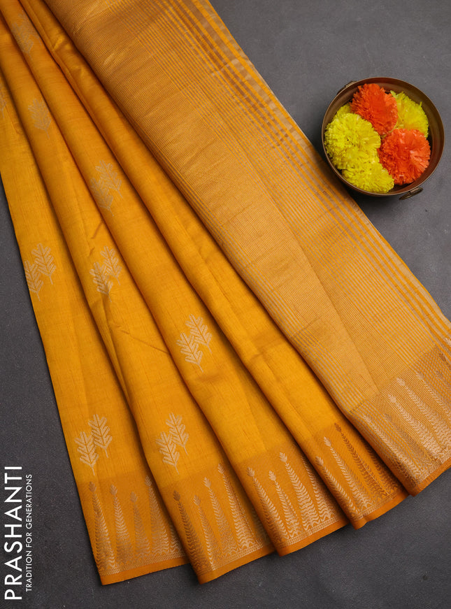 Semi raw silk saree mustard yellow with allover thread & zari woven buttas and zari woven border