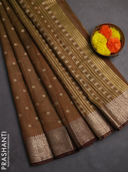 Semi raw silk saree dual shade of green and coffee brown with allover thread & zari woven buttas and zari woven border