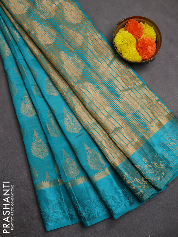 Semi raw silk saree teal green with allover thread & zari woven buttas and thread woven border