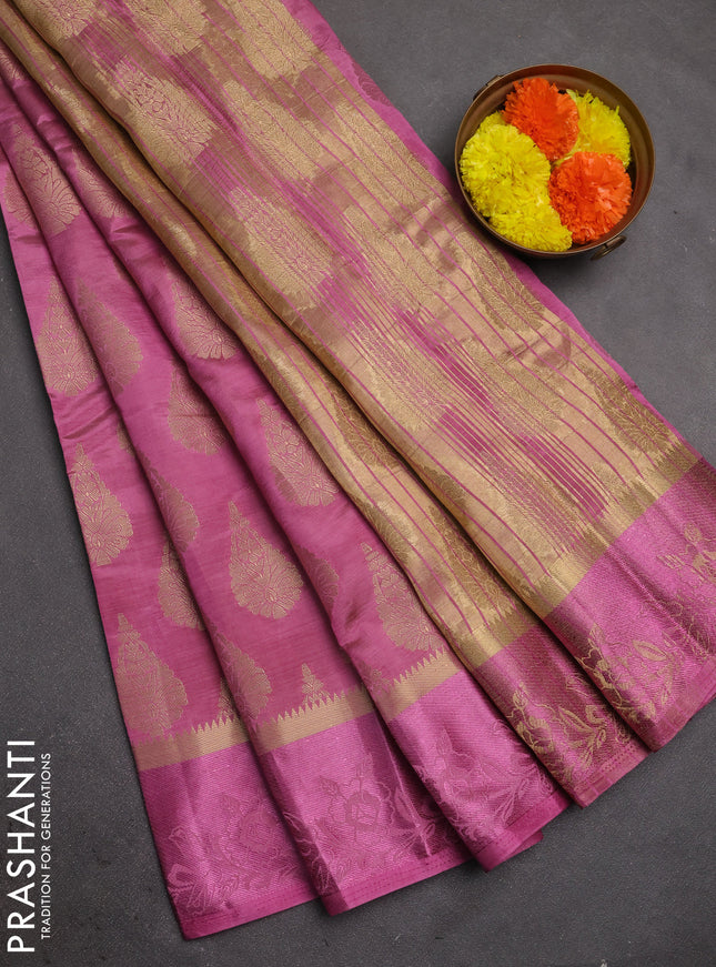 Semi raw silk saree mauve pink with allover thread & zari woven buttas and thread woven border