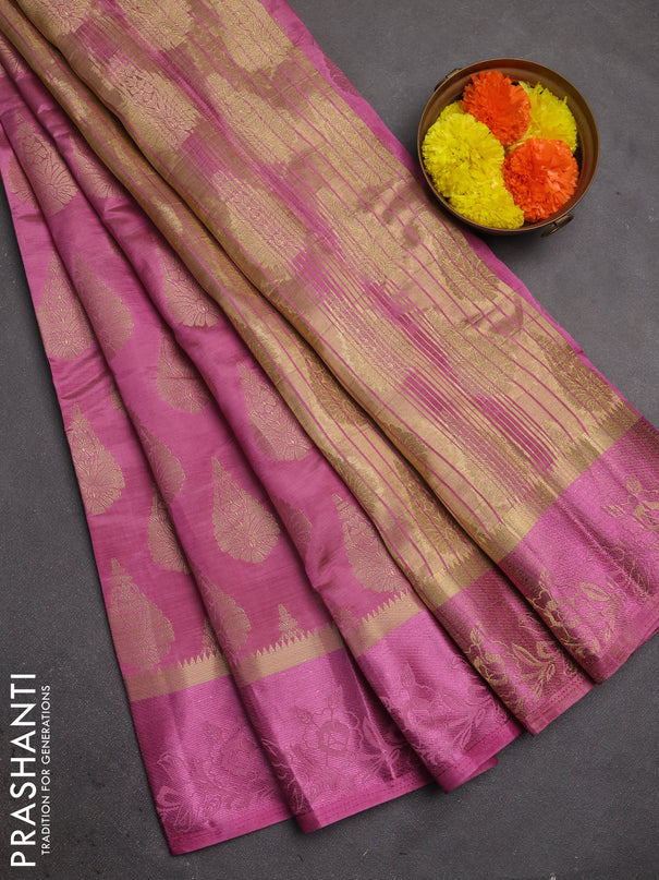 Semi raw silk saree mauve pink with allover thread & zari woven buttas and thread woven border