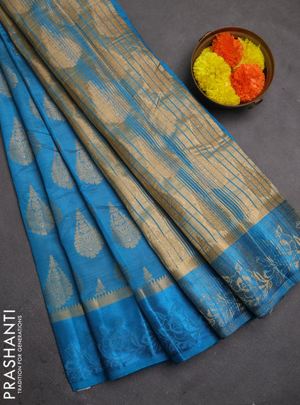Semi raw silk saree cs blue with allover thread & zari woven buttas and thread woven border