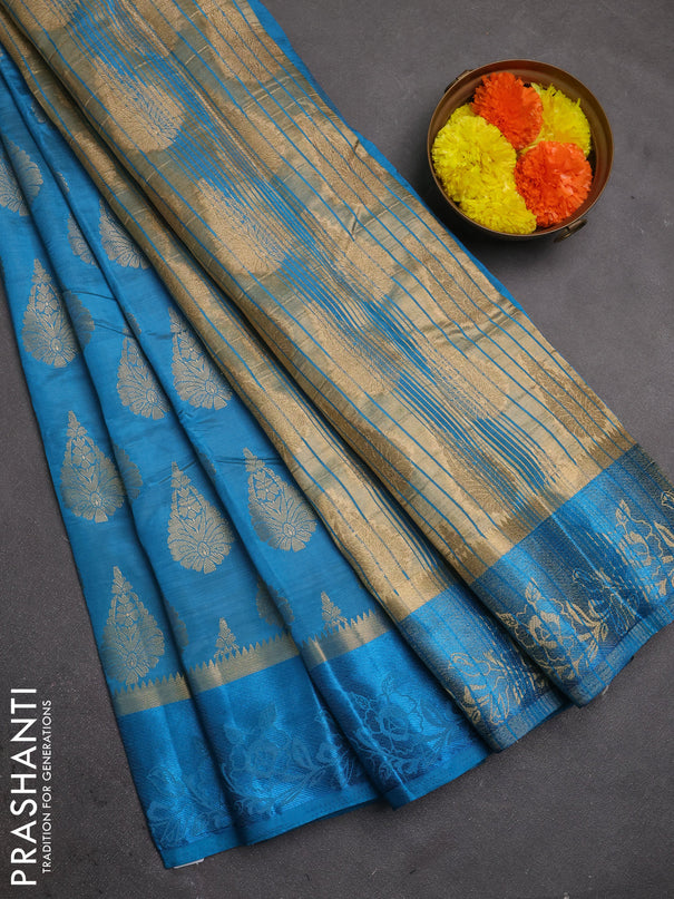 Semi raw silk saree cs blue with allover thread & zari woven buttas and thread woven border