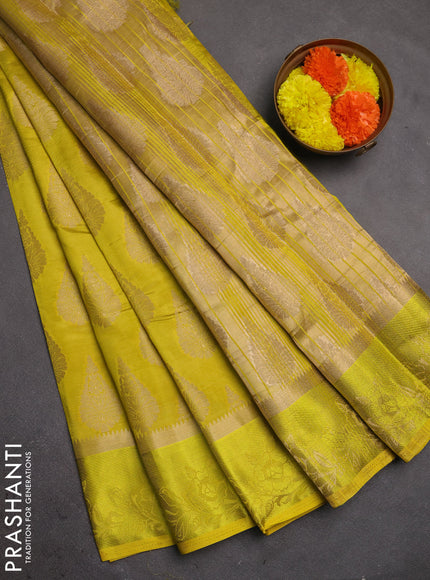 Semi raw silk saree lime yellow with allover thread & zari woven buttas and thread woven border