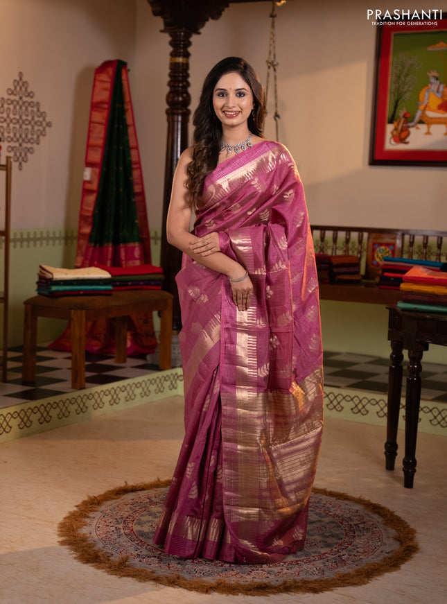 Semi raw silk saree mauve pink with allover thread & zari woven buttas and temple zari woven border