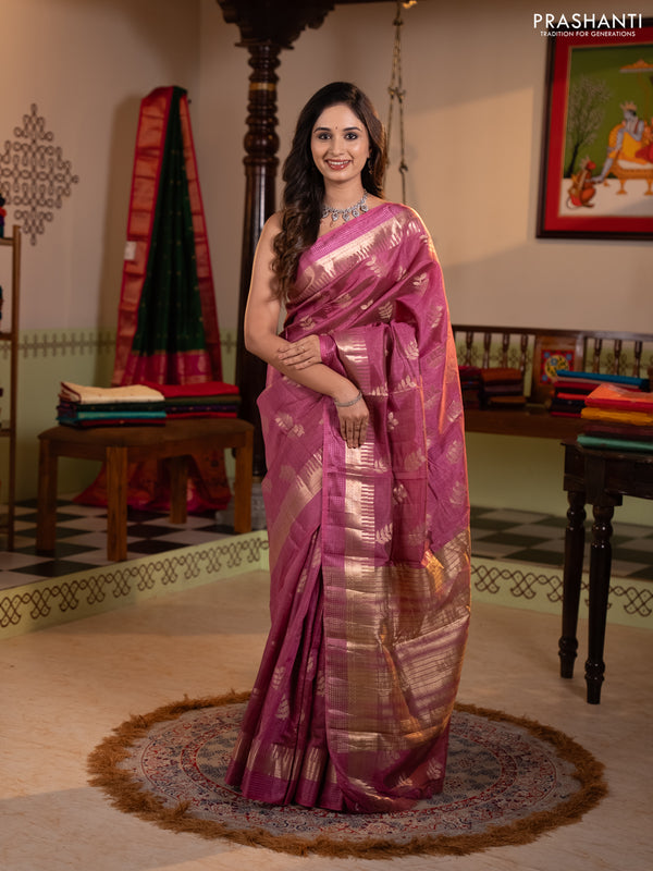 Semi raw silk saree mauve pink with allover thread & zari woven buttas and temple zari woven border