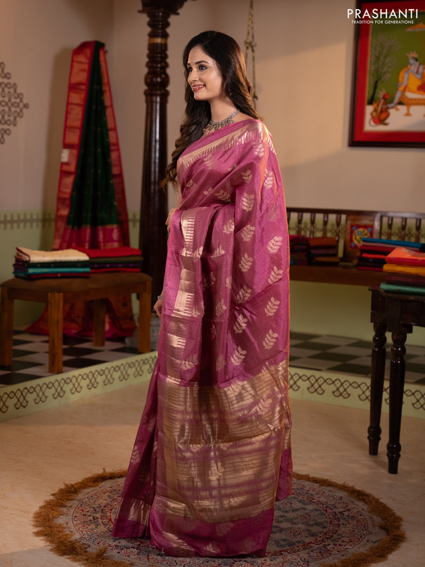Semi raw silk saree mauve pink with allover thread & zari woven buttas and temple zari woven border