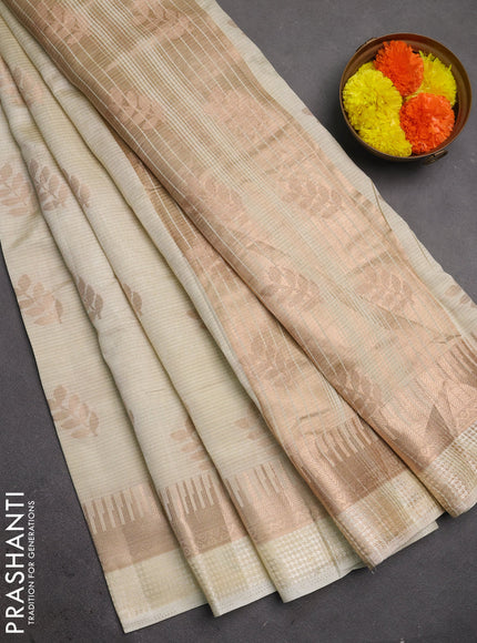 Semi raw silk saree cream with allover thread & zari woven buttas and temple zari woven border