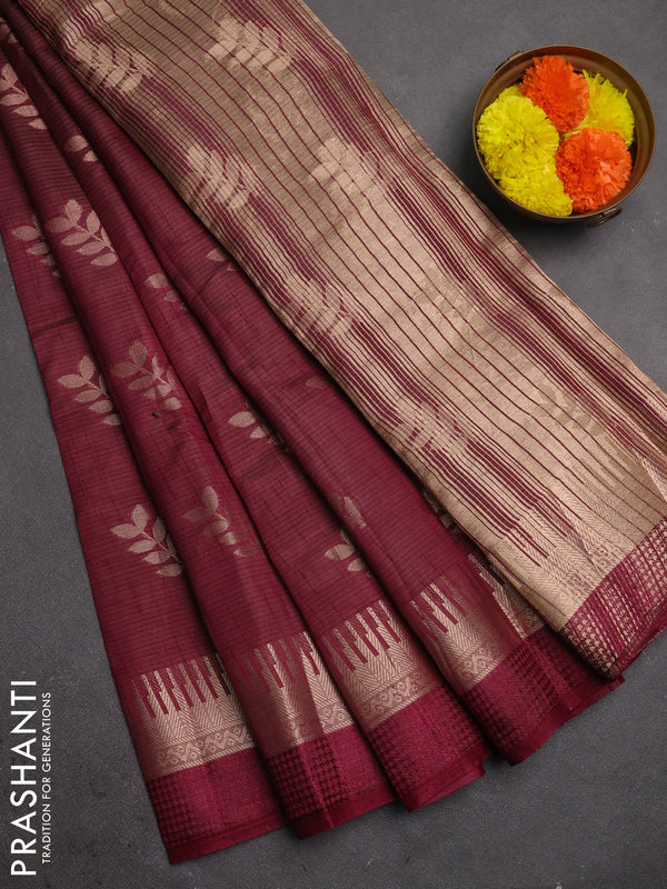 Semi raw silk saree wine shade with allover thread & zari woven buttas and temple zari woven border
