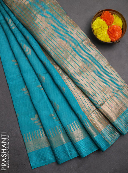 Semi raw silk saree teal green with allover thread & zari woven buttas and temple zari woven border
