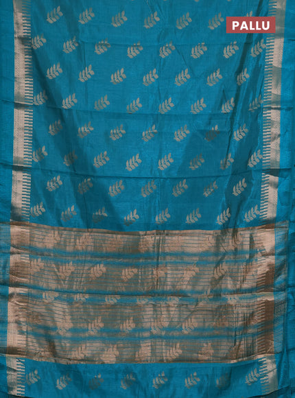 Semi raw silk saree teal green with allover thread & zari woven buttas and temple zari woven border