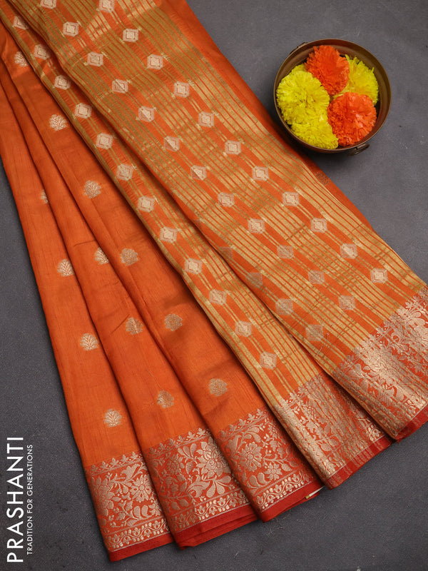 Semi raw silk saree orange with allover thread & zari woven buttas and zari woven border