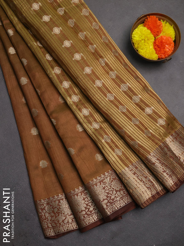 Semi raw silk saree dual shade of green and coffee brown with allover thread & zari woven buttas and zari woven border