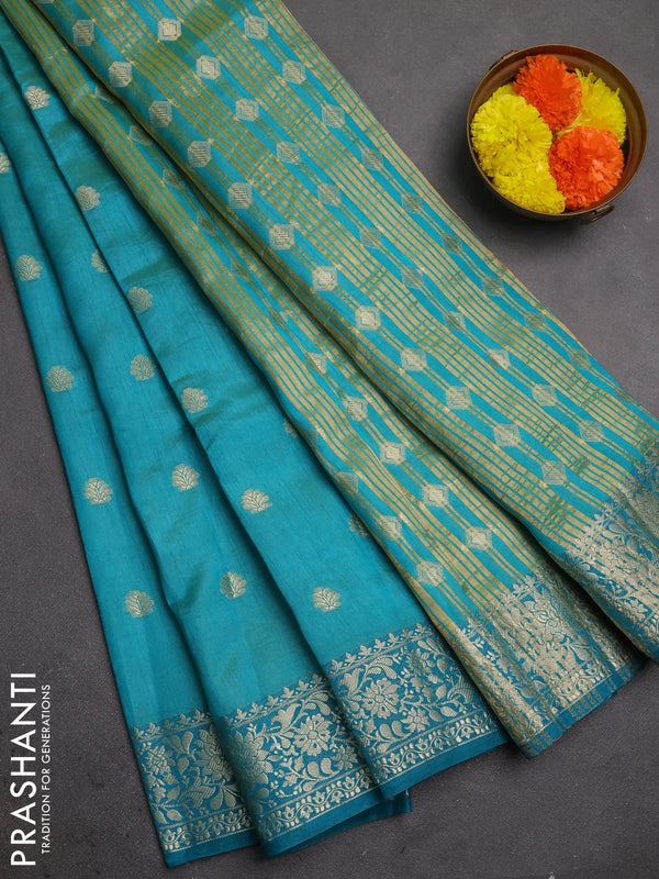 Semi raw silk saree teal blue with allover thread & zari woven buttas and zari woven border