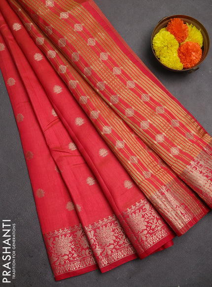 Semi raw silk saree tomato pink with allover thread & zari woven buttas and zari woven border
