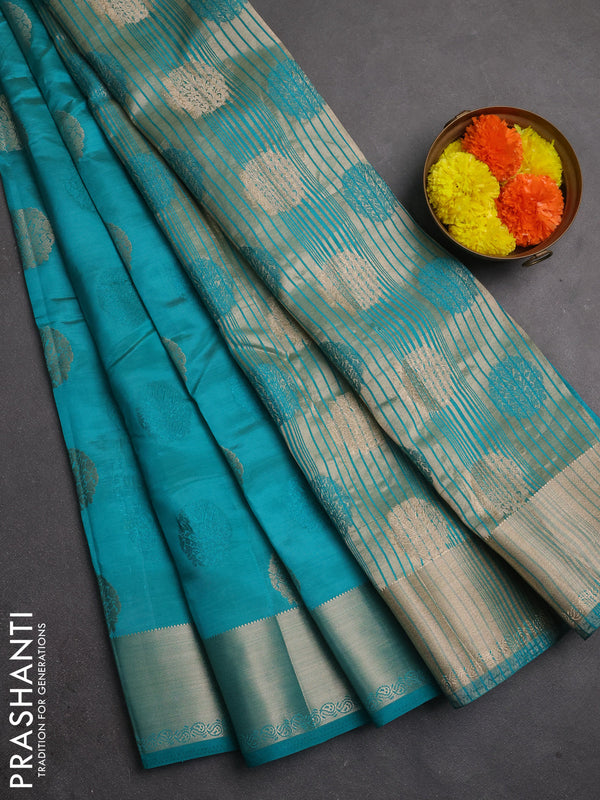 Semi raw silk saree teal green with allover thread & zari woven buttas and zari woven border