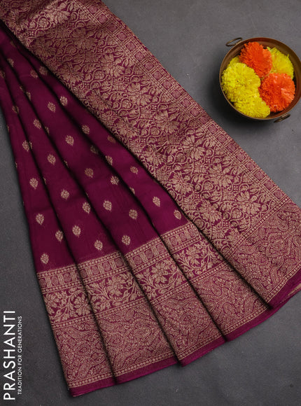 Banarasi semi raw silk saree wine shade with allover thread & zari woven buttas and long woven border