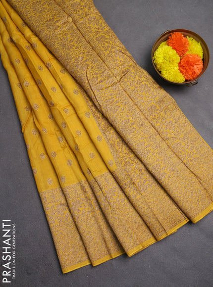 Banarasi semi raw silk saree mustard yellow with allover thread & zari woven buttas and long woven border