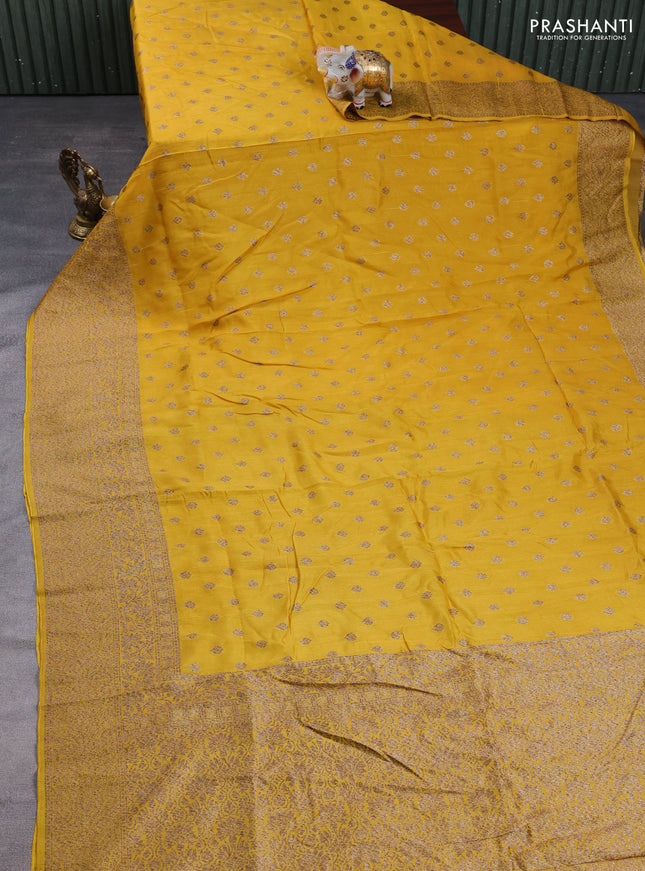 Banarasi semi raw silk saree mustard yellow with allover thread & zari woven buttas and long woven border
