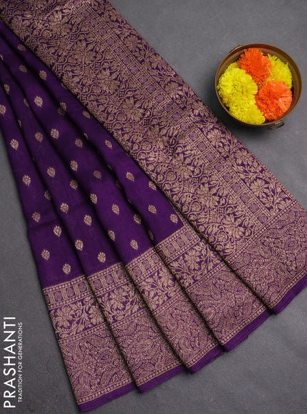 Banarasi semi raw silk saree violet with allover thread & zari woven buttas and long woven border