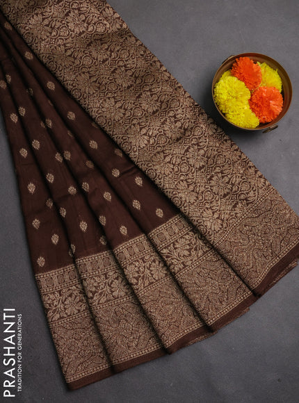 Banarasi semi raw silk saree coffee brown with allover thread & zari woven buttas and long woven border