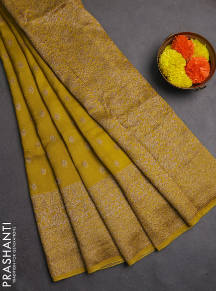 Banarasi semi raw silk saree yellow with allover thread & zari woven buttas and long woven border