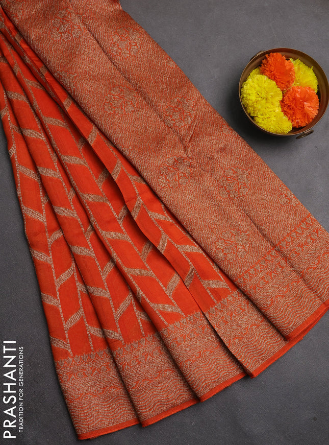 Banarasi semi raw silk saree orange with allover thread & zari woven weaves and woven border