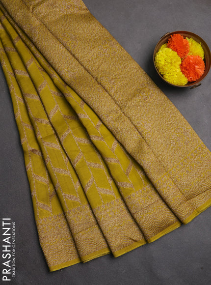 Banarasi semi raw silk saree mustard green with allover thread & zari woven weaves and woven border