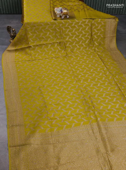 Banarasi semi raw silk saree mustard green with allover thread & zari woven weaves and woven border