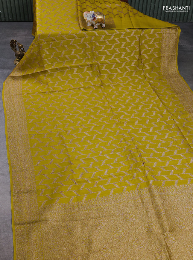 Banarasi semi raw silk saree mustard green with allover thread & zari woven weaves and woven border