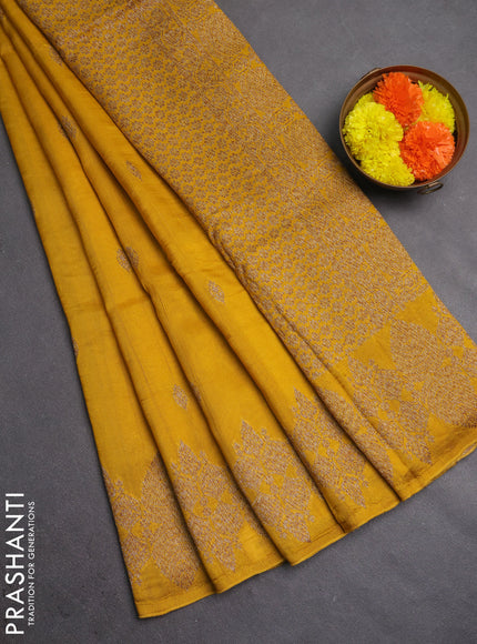 Banarasi semi raw silk saree mustard yellow with allover thread & zari woven buttas and woven border