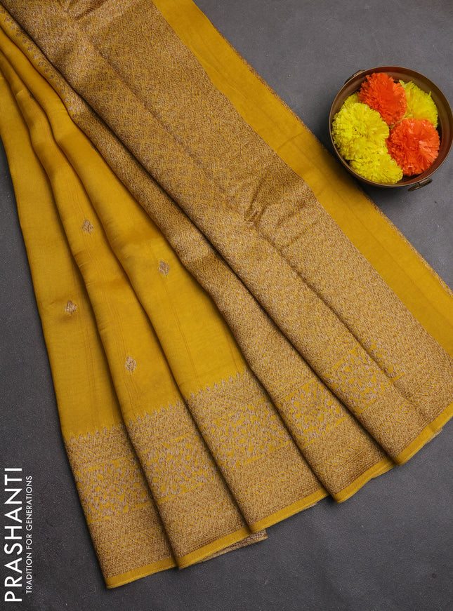 Banarasi semi raw silk saree yellow with allover thread & zari woven buttas and woven border