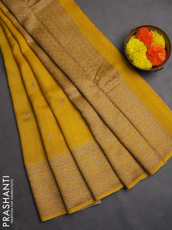 Banarasi semi raw silk saree yellow with allover thread & zari woven buttas and woven border