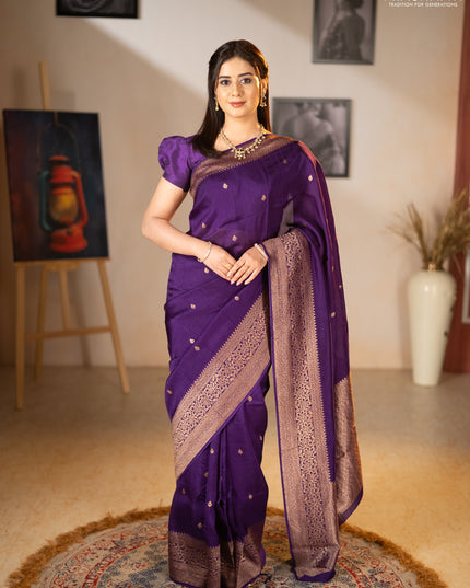 Banarasi semi raw silk saree violet with allover thread & zari woven buttas and woven border