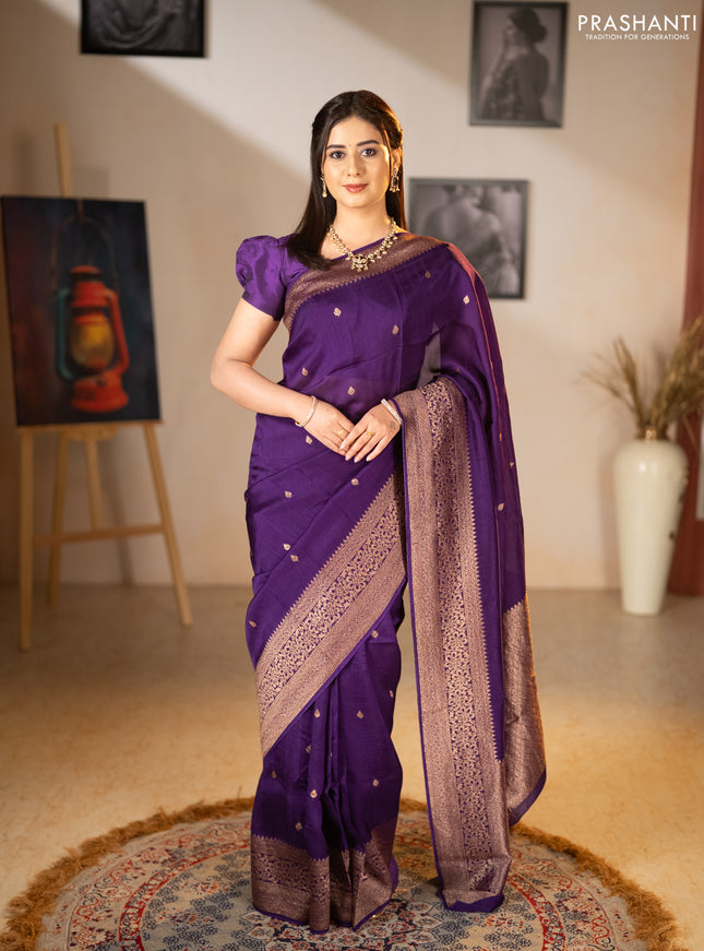 Banarasi semi raw silk saree violet with allover thread & zari woven buttas and woven border