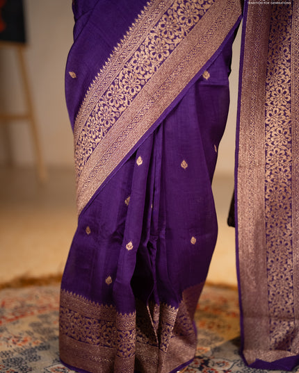 Banarasi semi raw silk saree violet with allover thread & zari woven buttas and woven border
