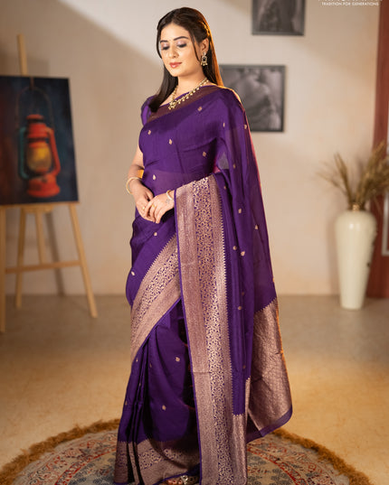 Banarasi semi raw silk saree violet with allover thread & zari woven buttas and woven border