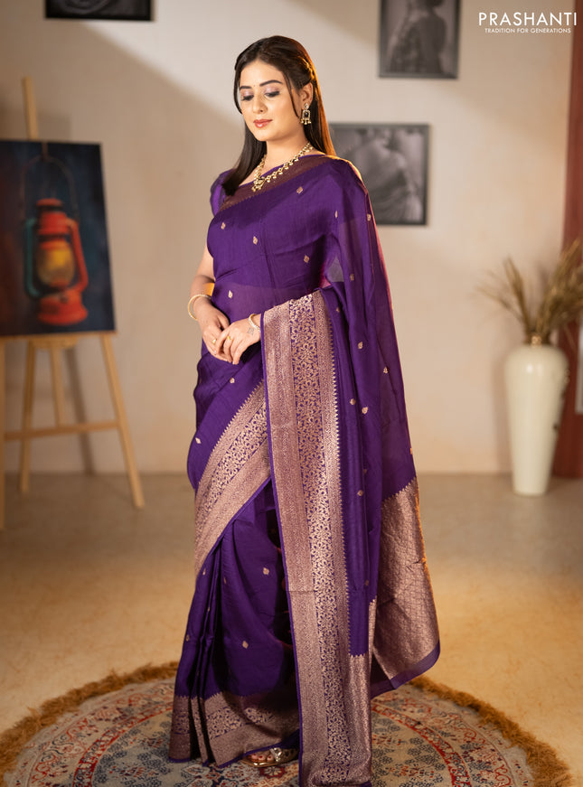 Banarasi semi raw silk saree violet with allover thread & zari woven buttas and woven border