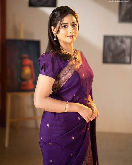 Banarasi semi raw silk saree violet with allover thread & zari woven buttas and woven border
