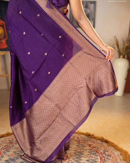 Banarasi semi raw silk saree violet with allover thread & zari woven buttas and woven border