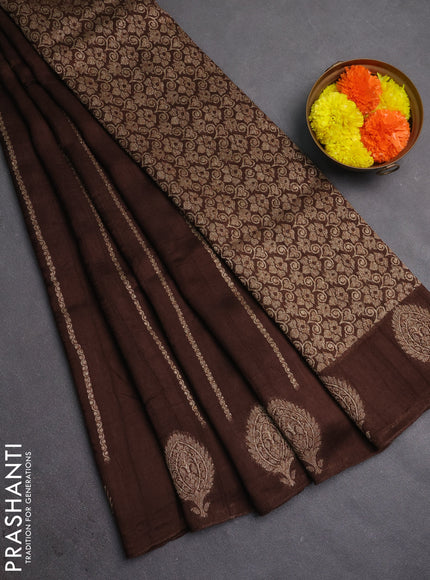 Banarasi semi raw silk saree coffee brown with allover thread & zari woven weaves and woven butta border