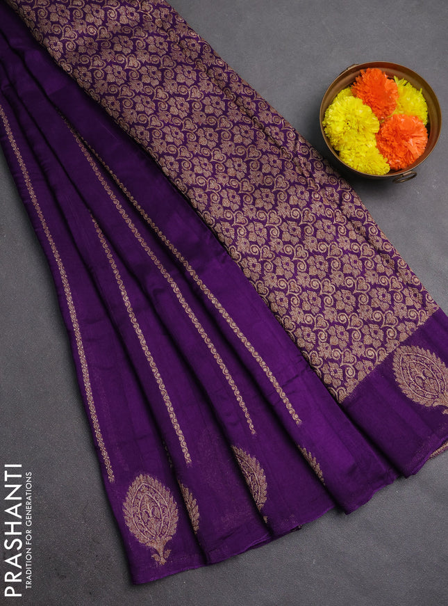Banarasi semi raw silk saree violet with allover thread & zari woven weaves and woven butta border