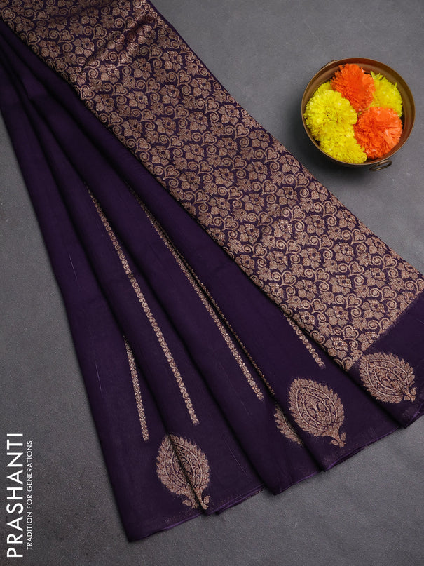 Banarasi semi raw silk saree deep violet with allover thread & zari woven weaves and woven butta border